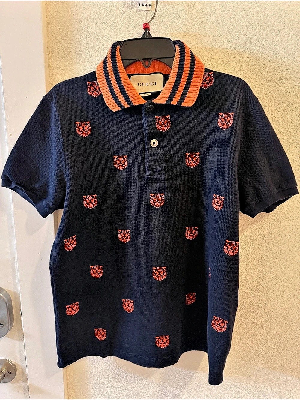 Gucci Men’s M Navy Orange Tiger Embroidered Polo Shirt Made in Italy